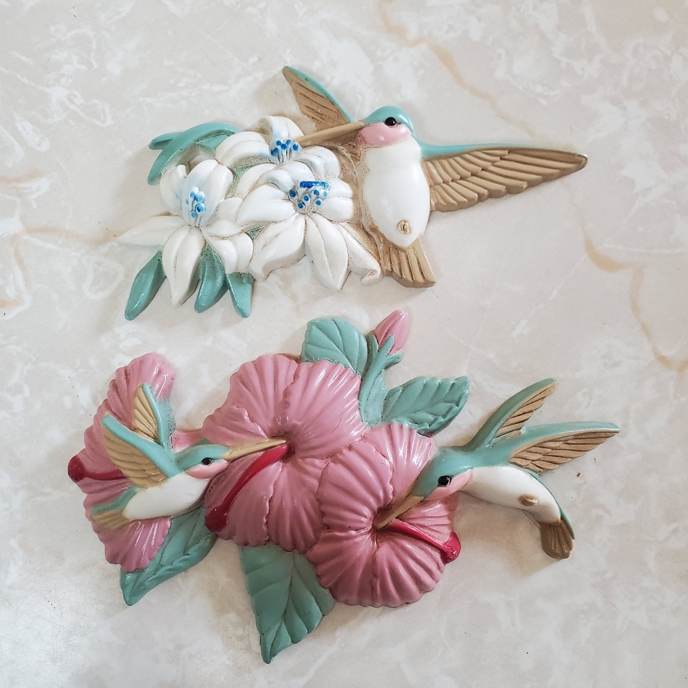 Vintage Burwood Product Hummingbird Flower Wall Decor Made in USA 6" Set of 2